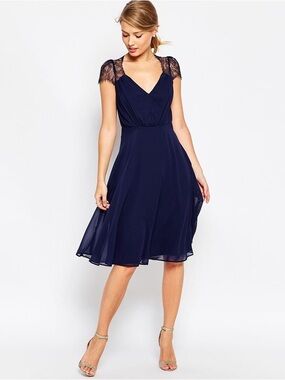 ASOS Navy Blue Lace Cap Sleeve Midi Dress | Wedding Guest/Cocktail | Size 6